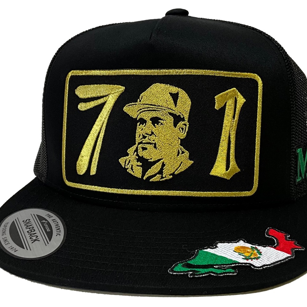 El chapo Guzmán 3 logos hat black mesh México al lada y mapa en la vicera